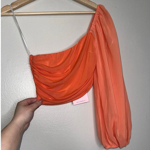 Hello Molly NWT Only Good Times One Sleeve Crop Top Coral/Orange Size Medium - Picture 3 of 5